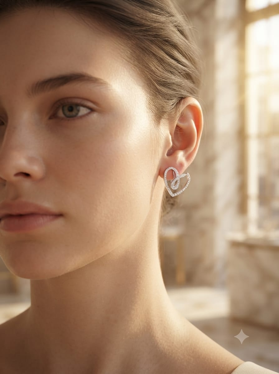 Crystal-pave heart earrings worn on ear