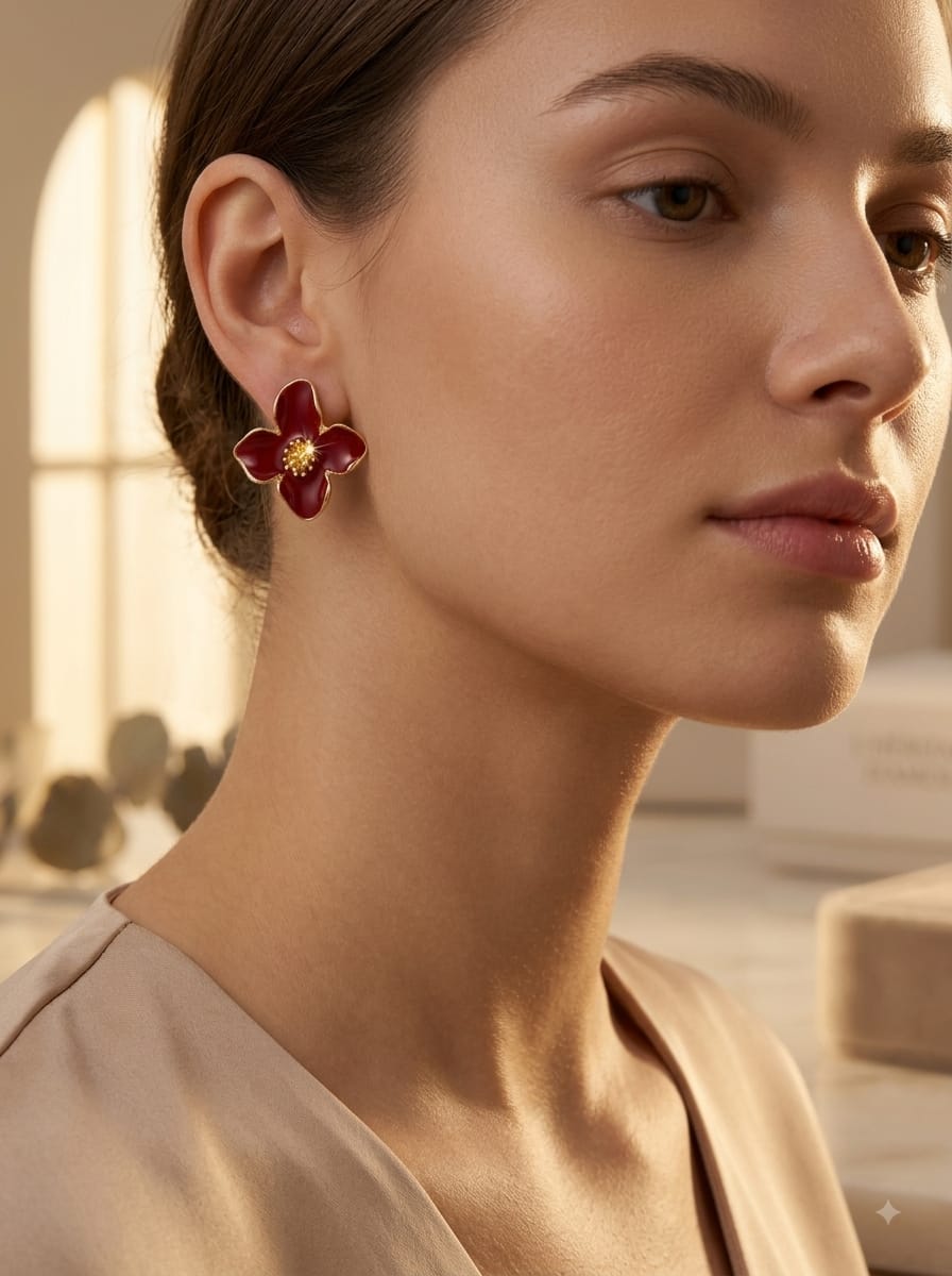 Red flower stud earrings on white background