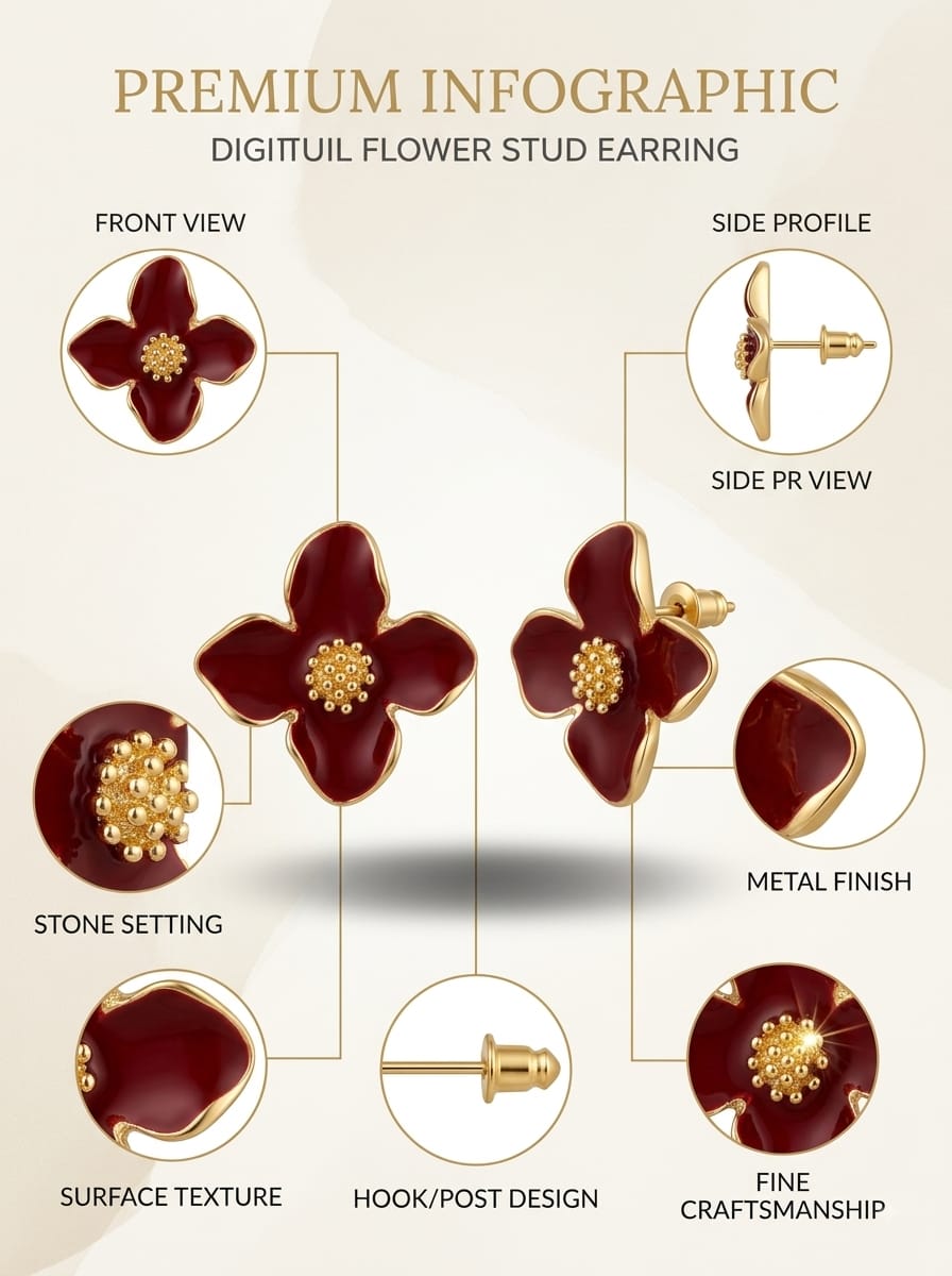 Red floral stud earring worn close-up