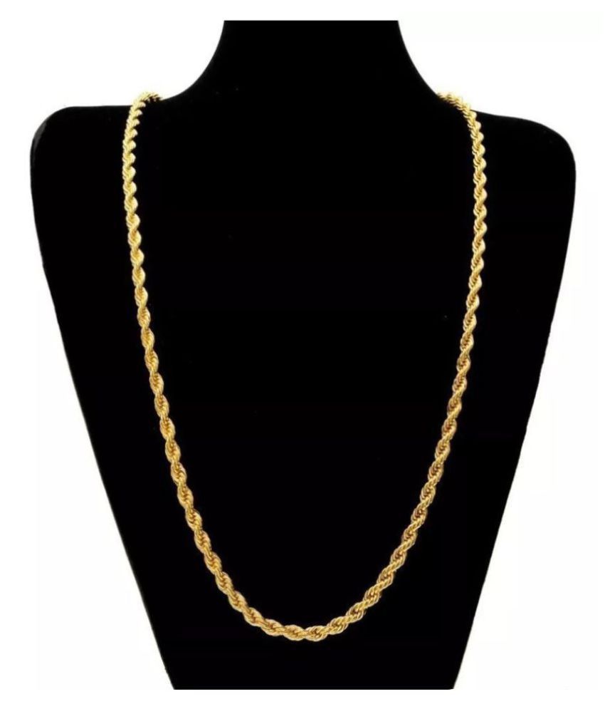 Gold-tone twisted rope chain displayed on a black necklace stand