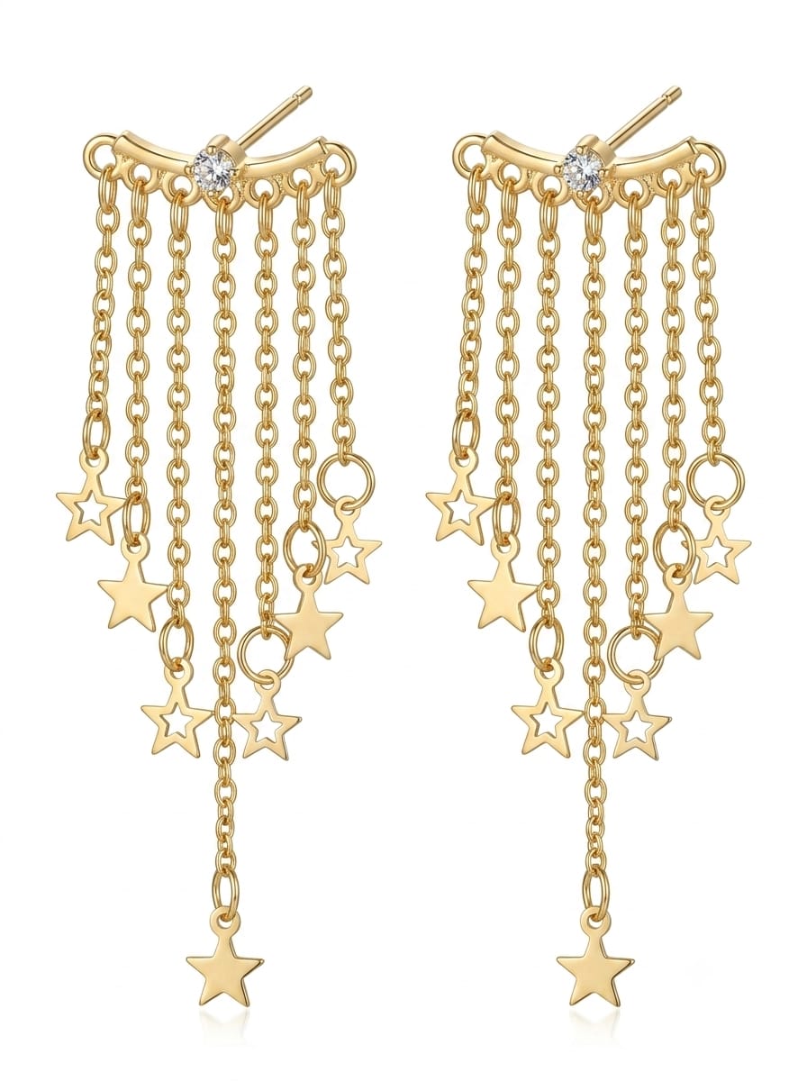 Gold-tone star chain earrings worn view