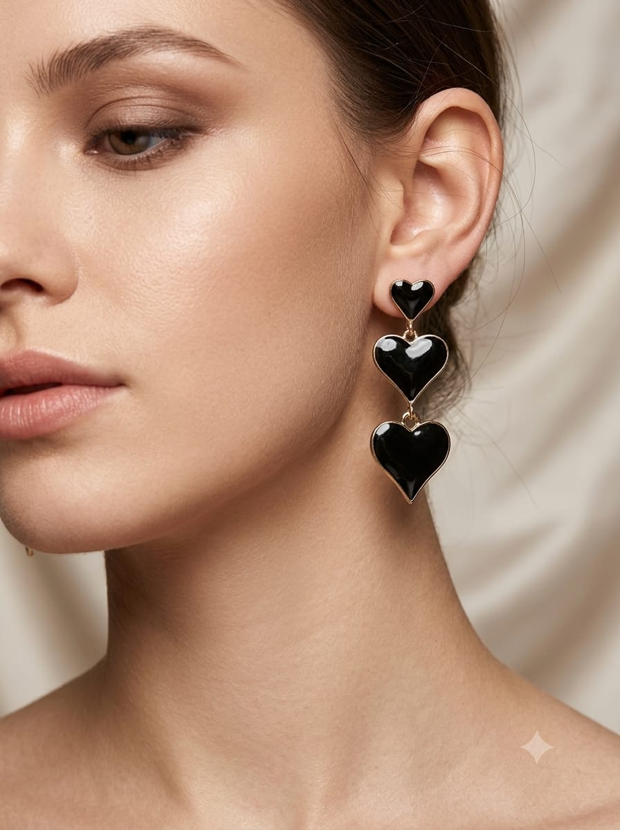 Black heart three-tier drop earrings product view
