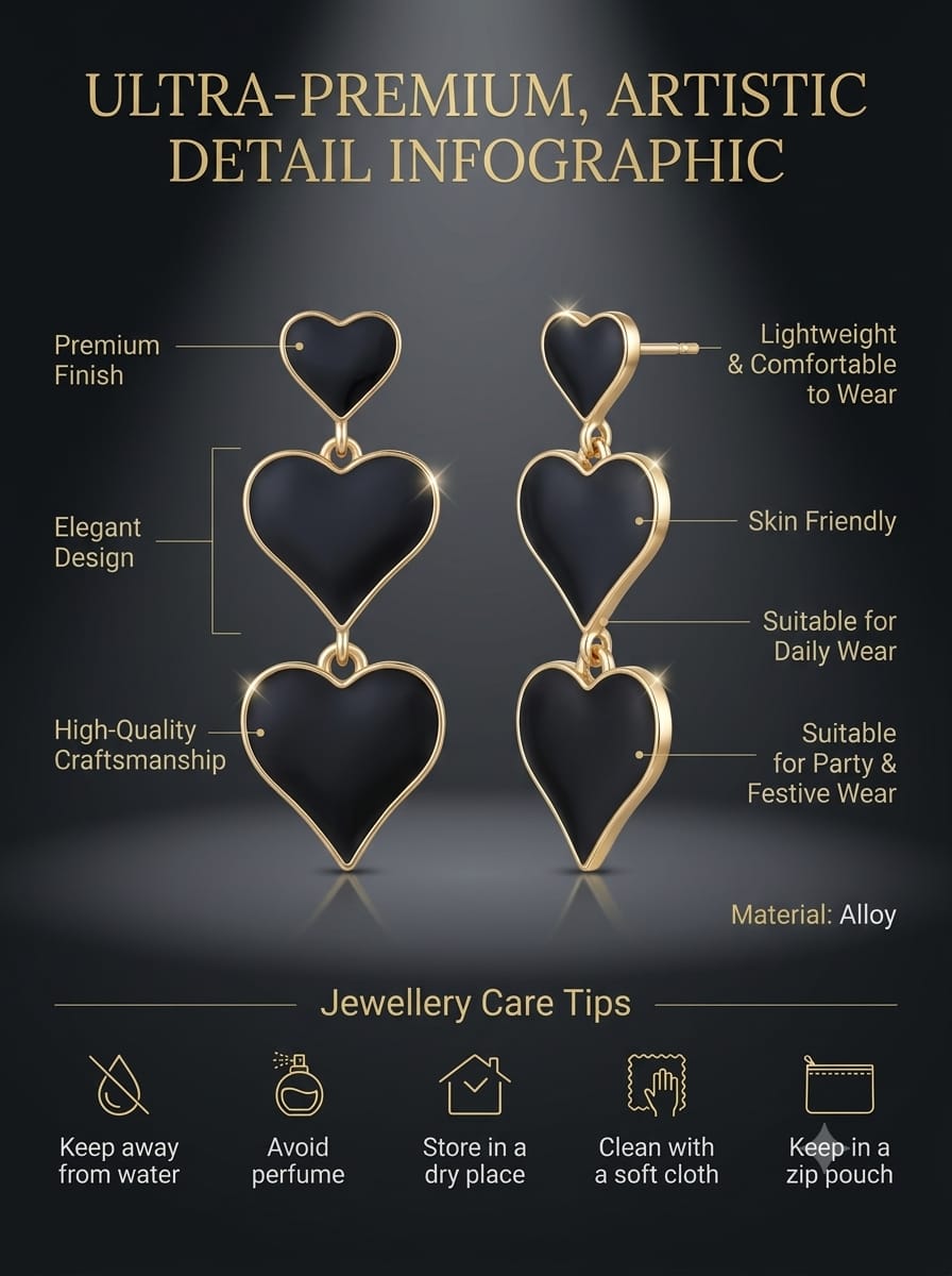 Black heart three-tier drop earrings worn on ear side view