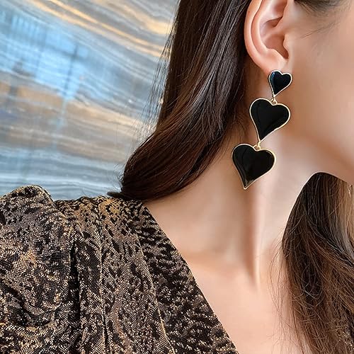 Black heart three-tier drop earrings dimensions and material
