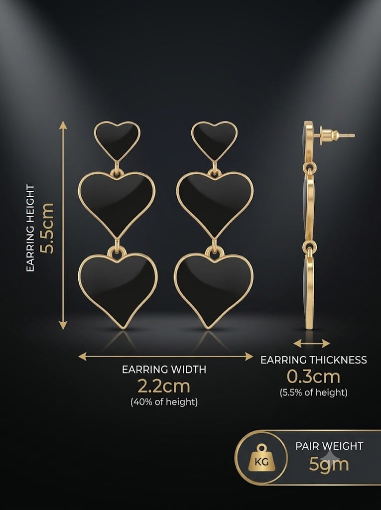 Black heart three-tier drop earrings pair