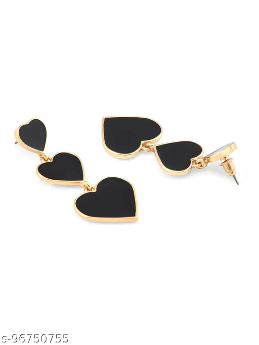 Black heart three-tier drop earrings close-up product view