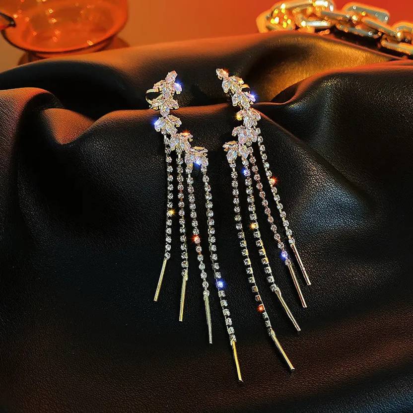 Crystal floral chain tassel earrings product photo