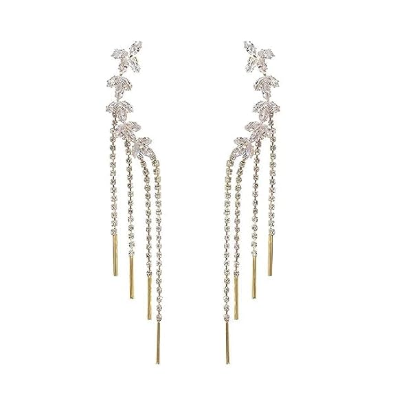 Crystal floral chain tassel earrings worn view