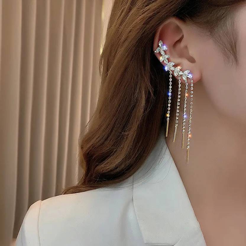 Crystal floral chain tassel earrings lifestyle photo