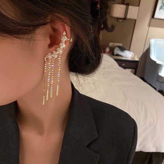 Crystal floral chain tassel earrings model view