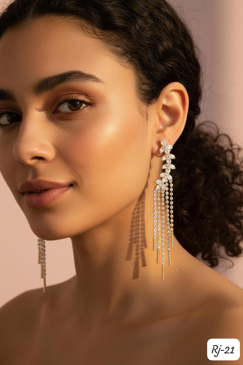 Crystal floral chain tassel earrings close-up