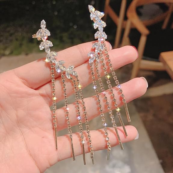 Crystal floral chain tassel earrings size detail