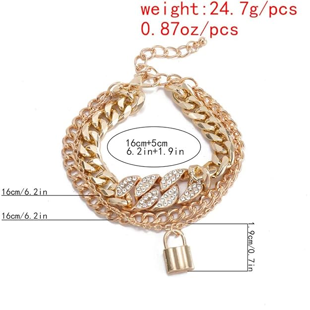Gold-tone layered chain bracelet with crystal leaf links and padlock charm