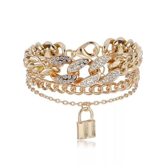 Gold-tone layered bracelet with crystal leaf centerpiece and lock charm