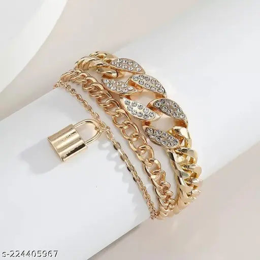 Gold-tone layered bracelet with crystal leaf links and padlock charm
