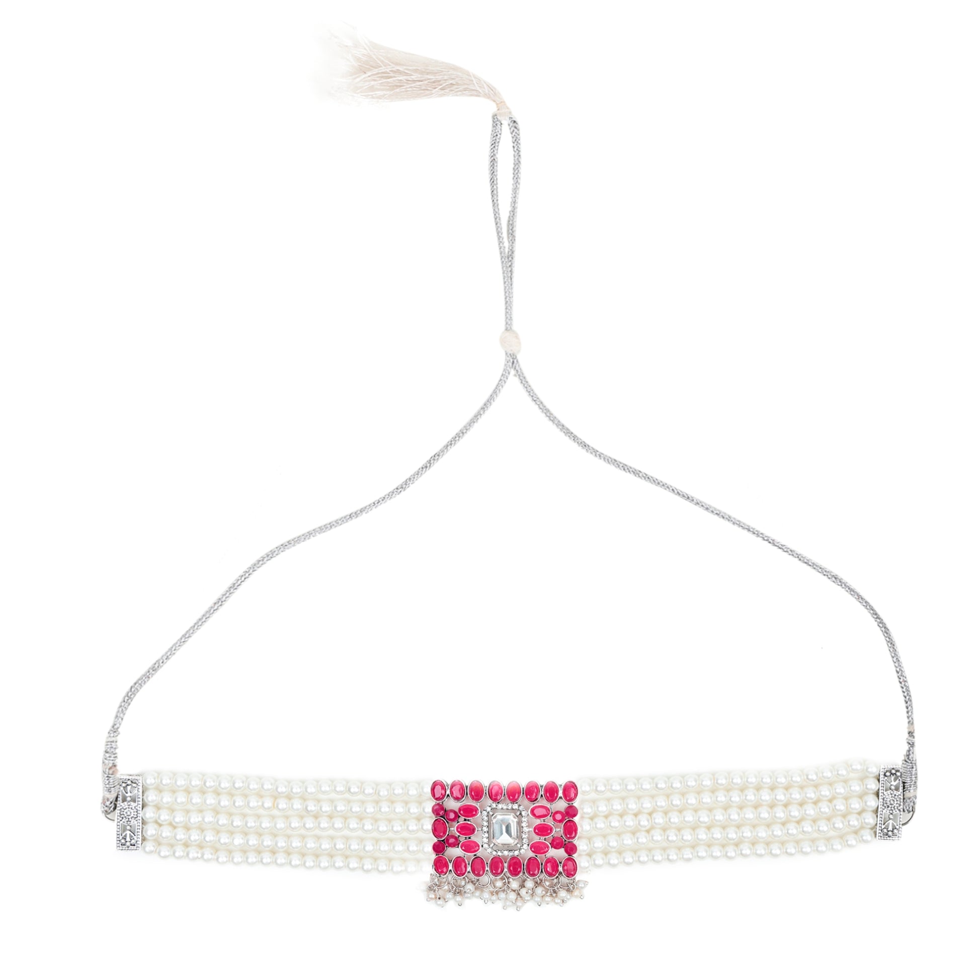 Close-up of pink stone and pearl choker necklace