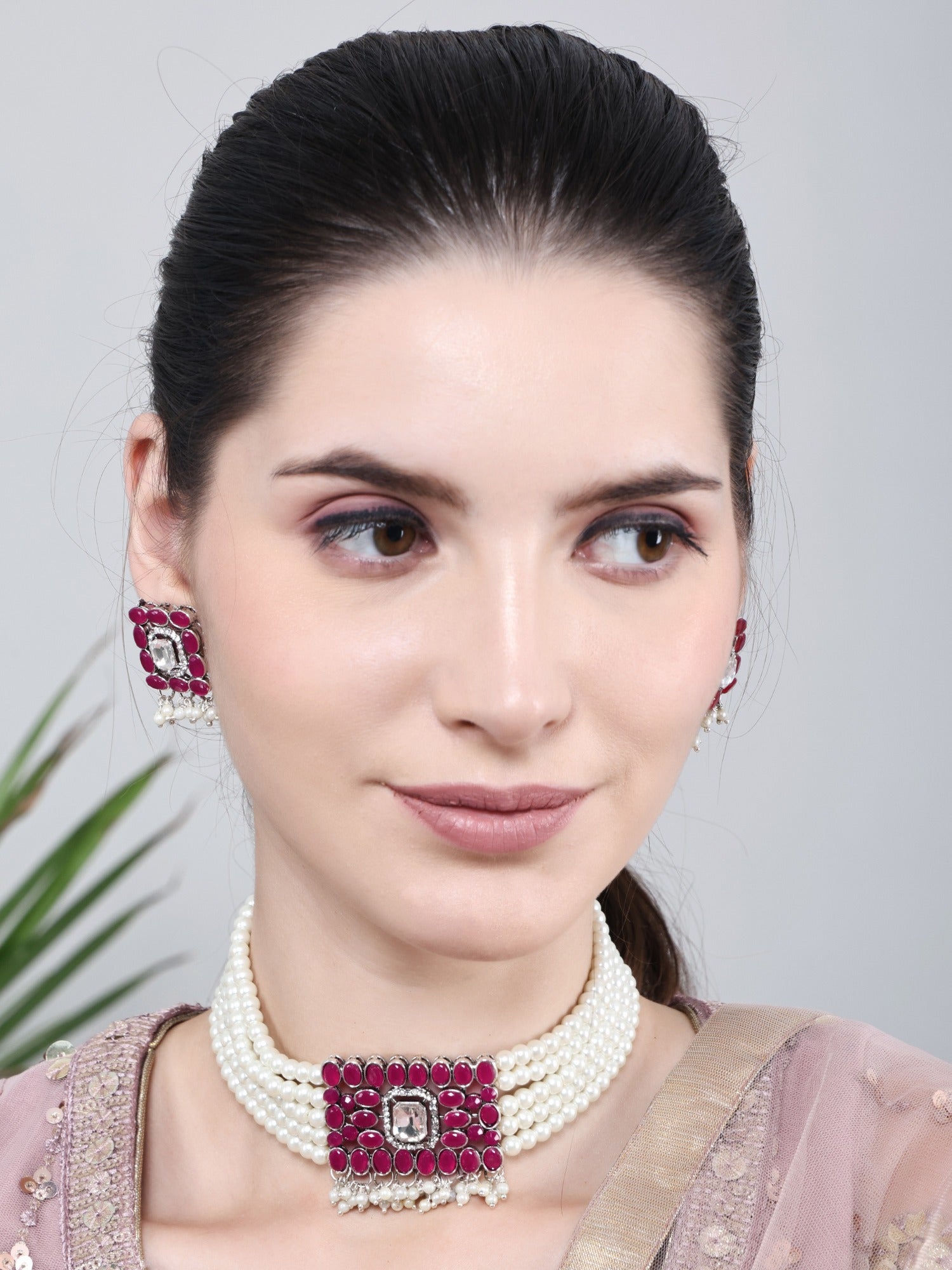 Pink stone statement earrings with pearl drops