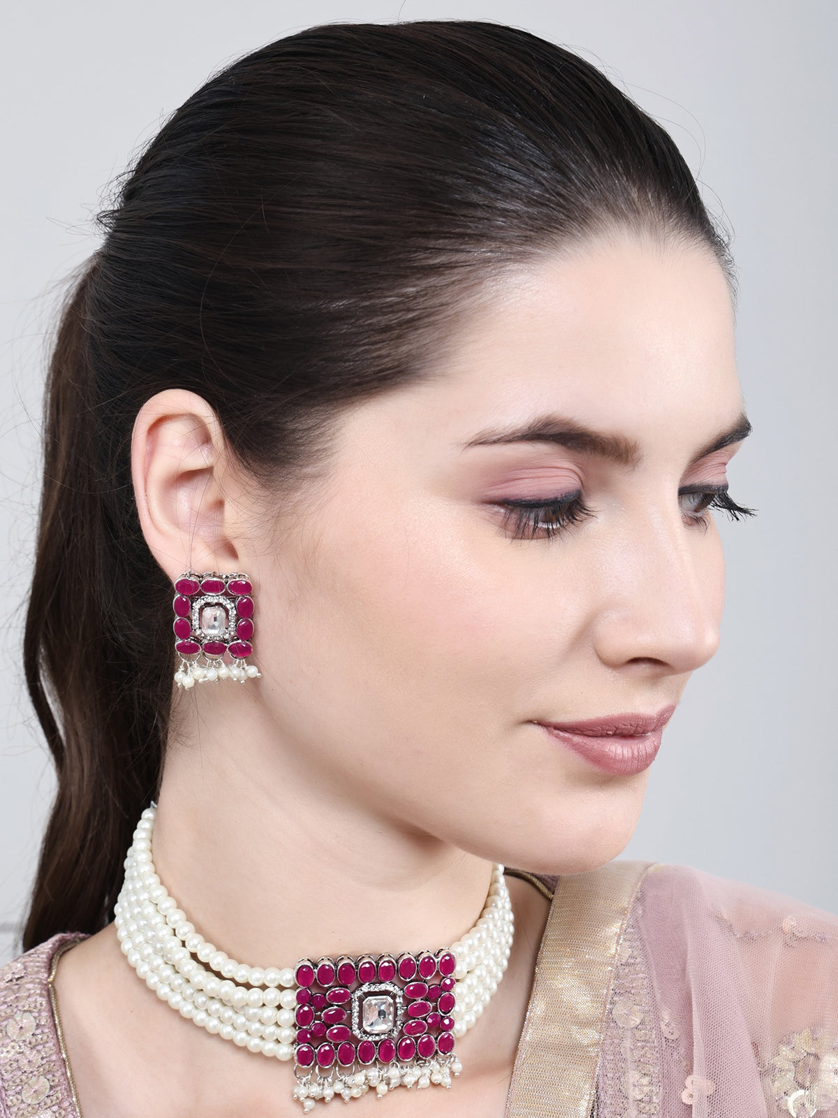 Pink and pearl necklace and earring set product view