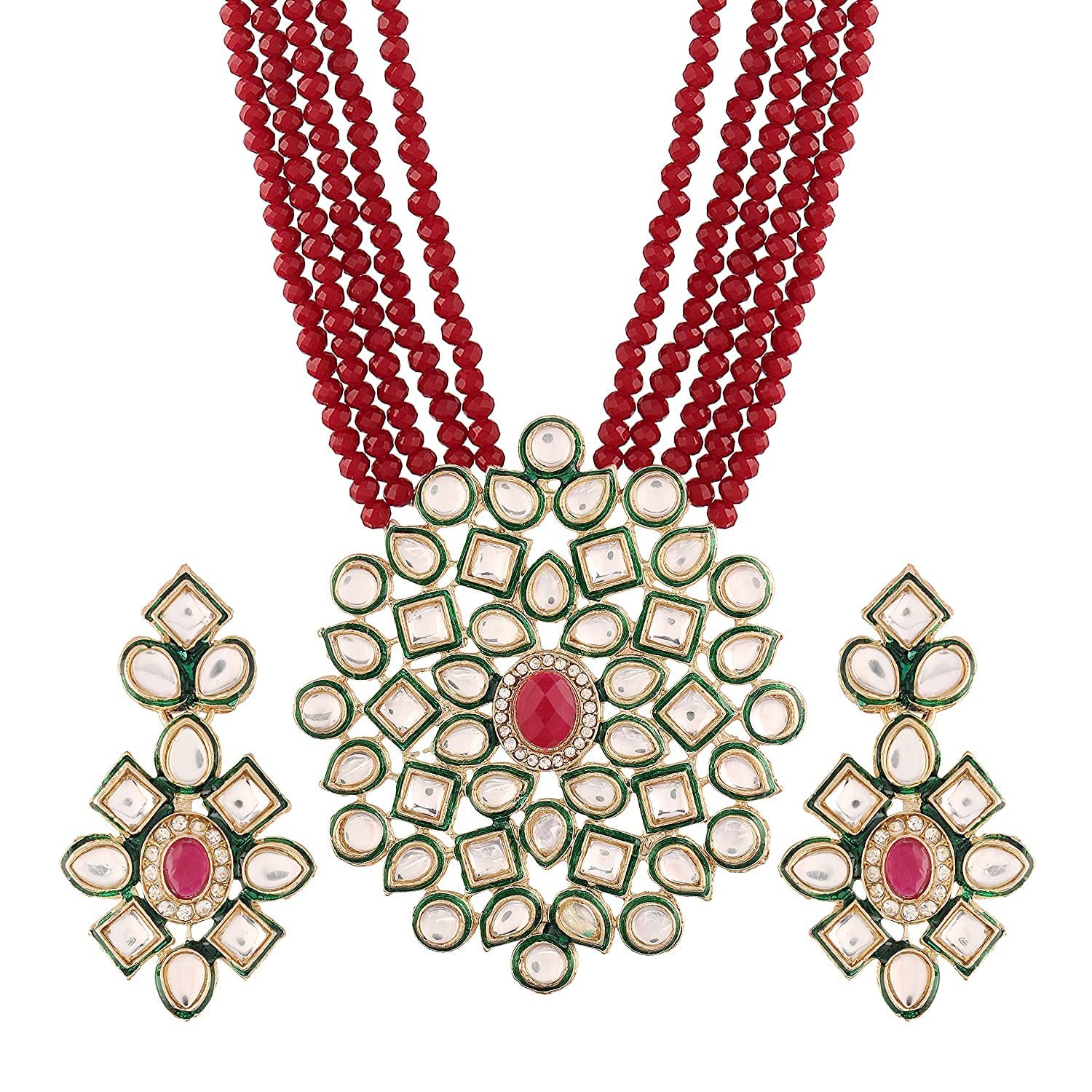 Red beaded necklace set with floral-inspired statement pendant and earrings