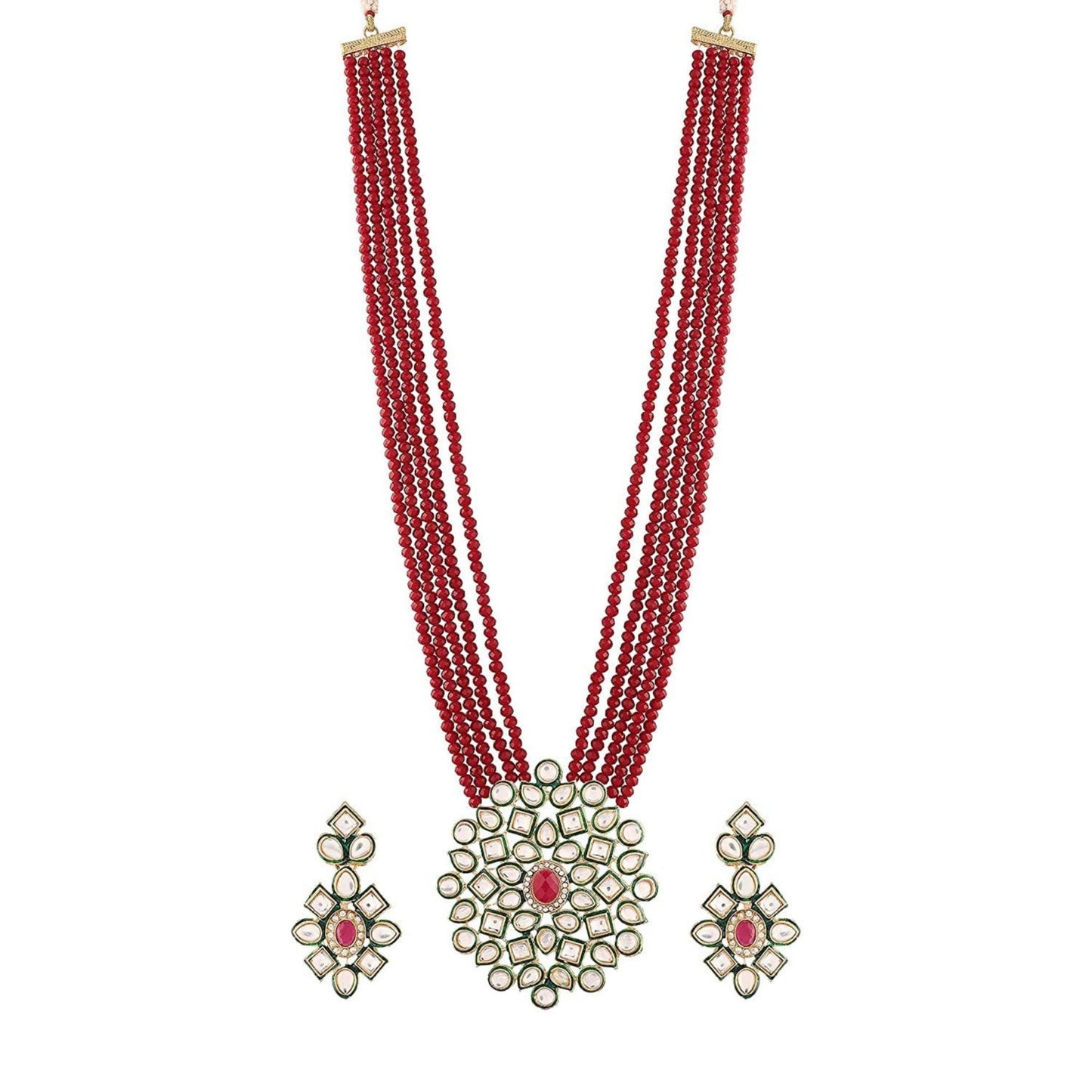Red multi-strand beaded necklace with ornate pendant and matching earrings