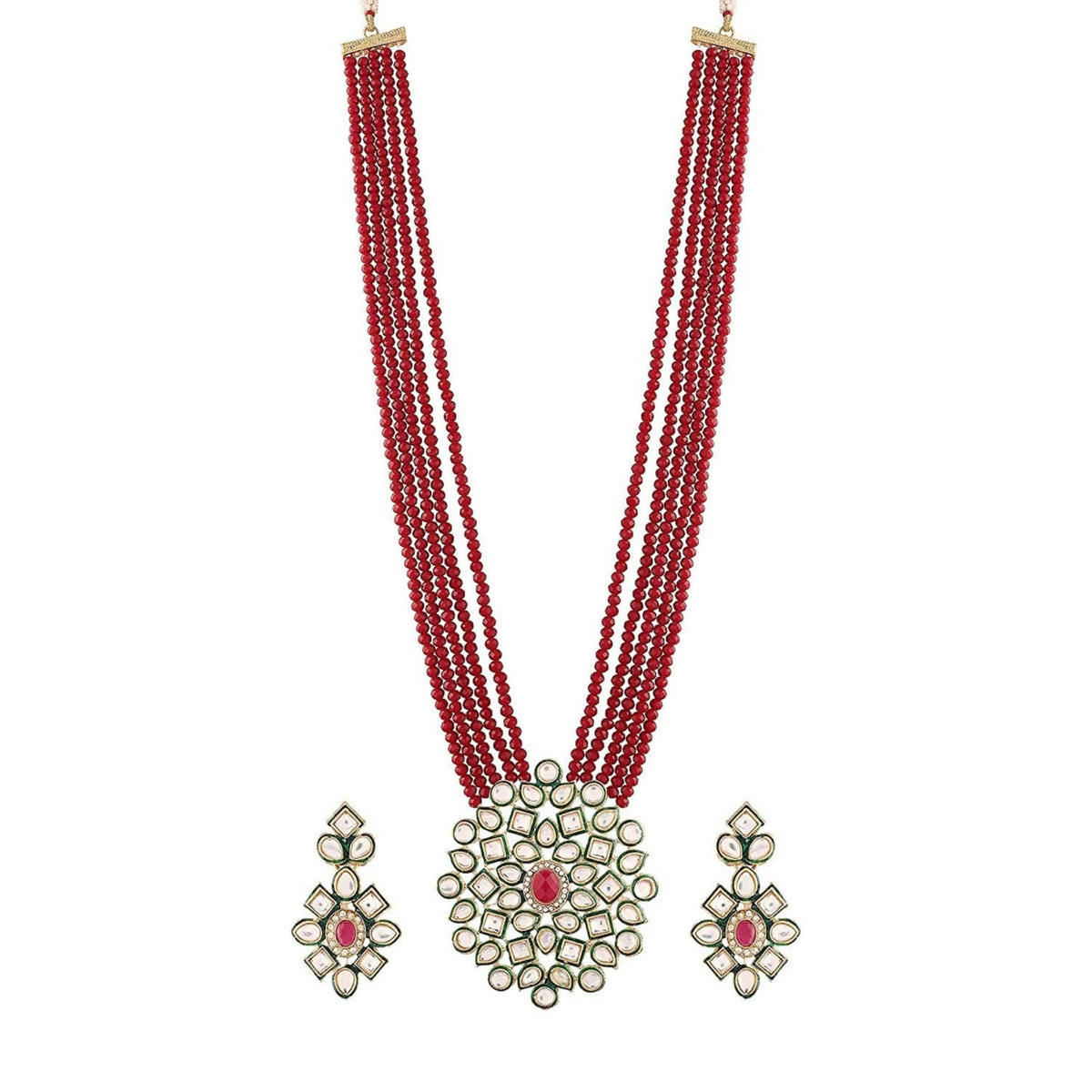 Red multi-strand beaded necklace with ornate pendant and matching earrings